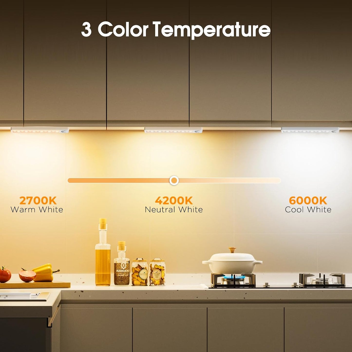 Under Cabinet Rechargeable Dimmable Lighting: 3 Color Temperature Motion Sensor Lights Indoor - Battery Operated Lights