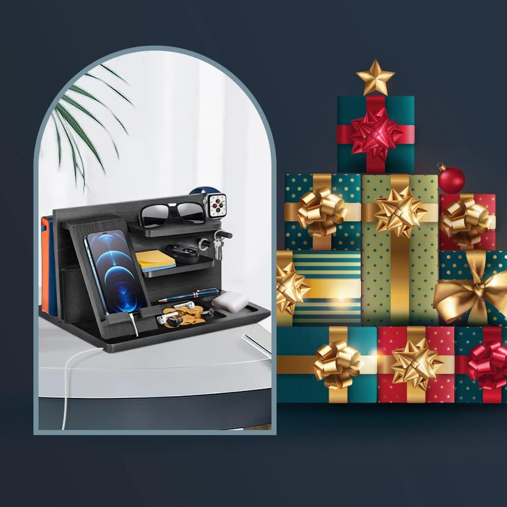 Gifts for Men Bedside Organiser Wood Phone Docking Station Dad Birthday Gifts for Him Nightstand Key Wallet Watch Stand