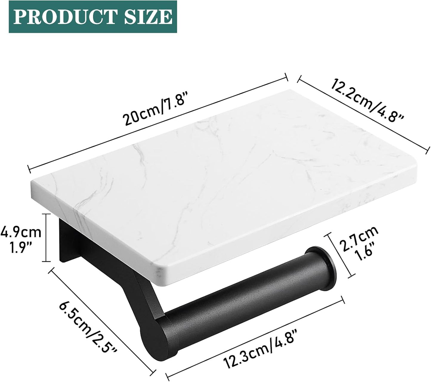 Hoimpro Toilet Paper Holder with Marble Shelf, Wall Mount Matte Black | White Natural Marble Phone Shelf Commercial