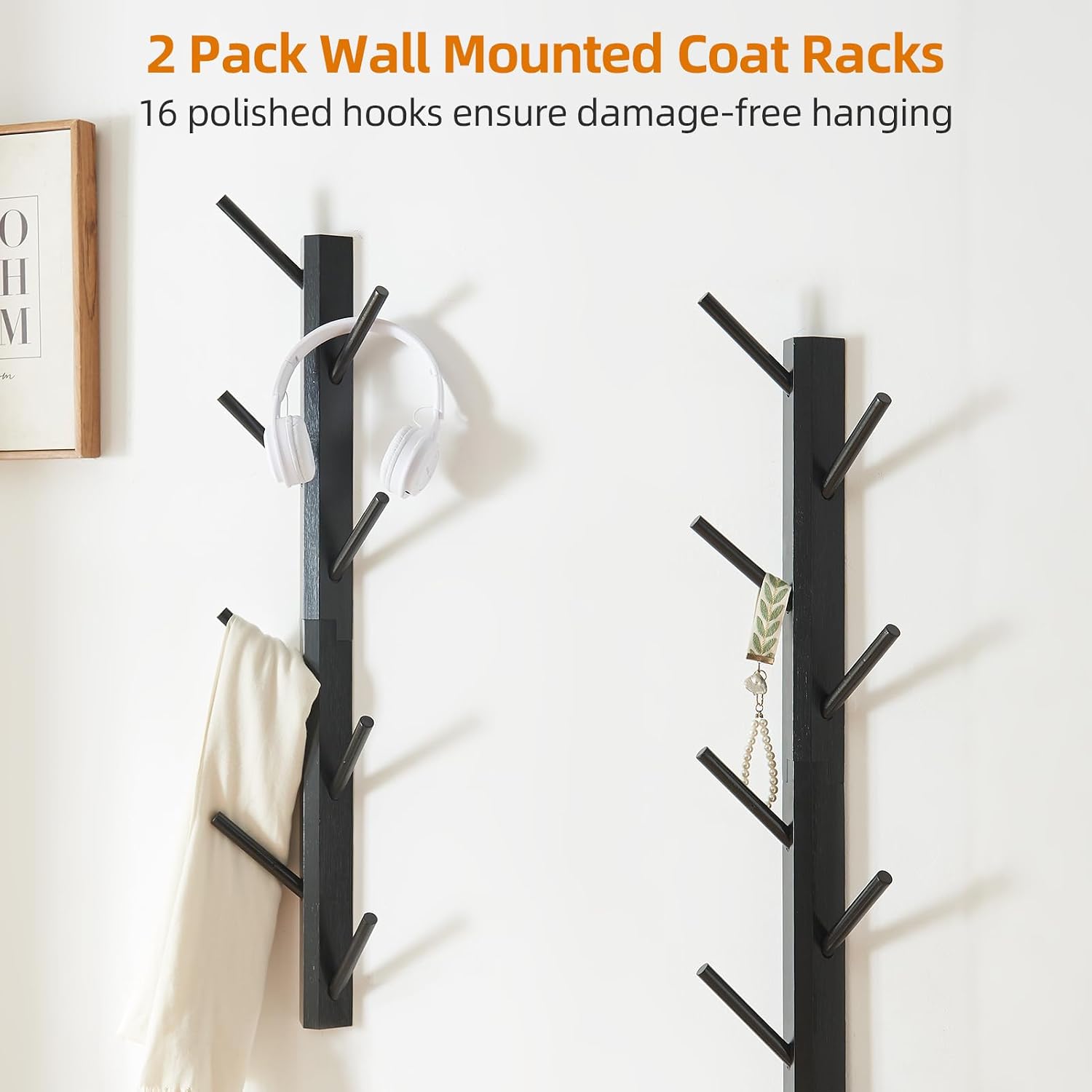 2-Pack Vertical Wall Mount Coat Rack for Clothes and Hats, Black | Bamboo construction, 16 polished hooks, max 50 lbs