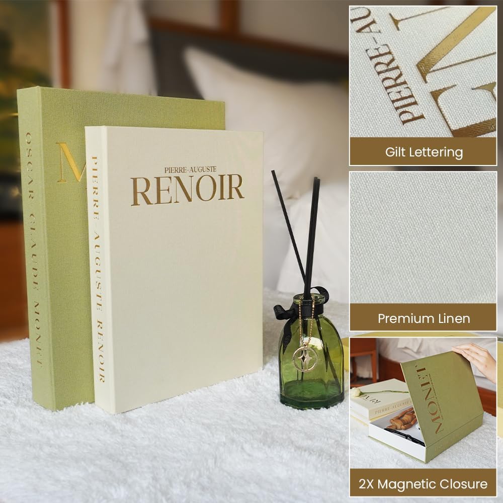 Linen Fake Books Coffee Table / Sage Green - Beige / Set of 2