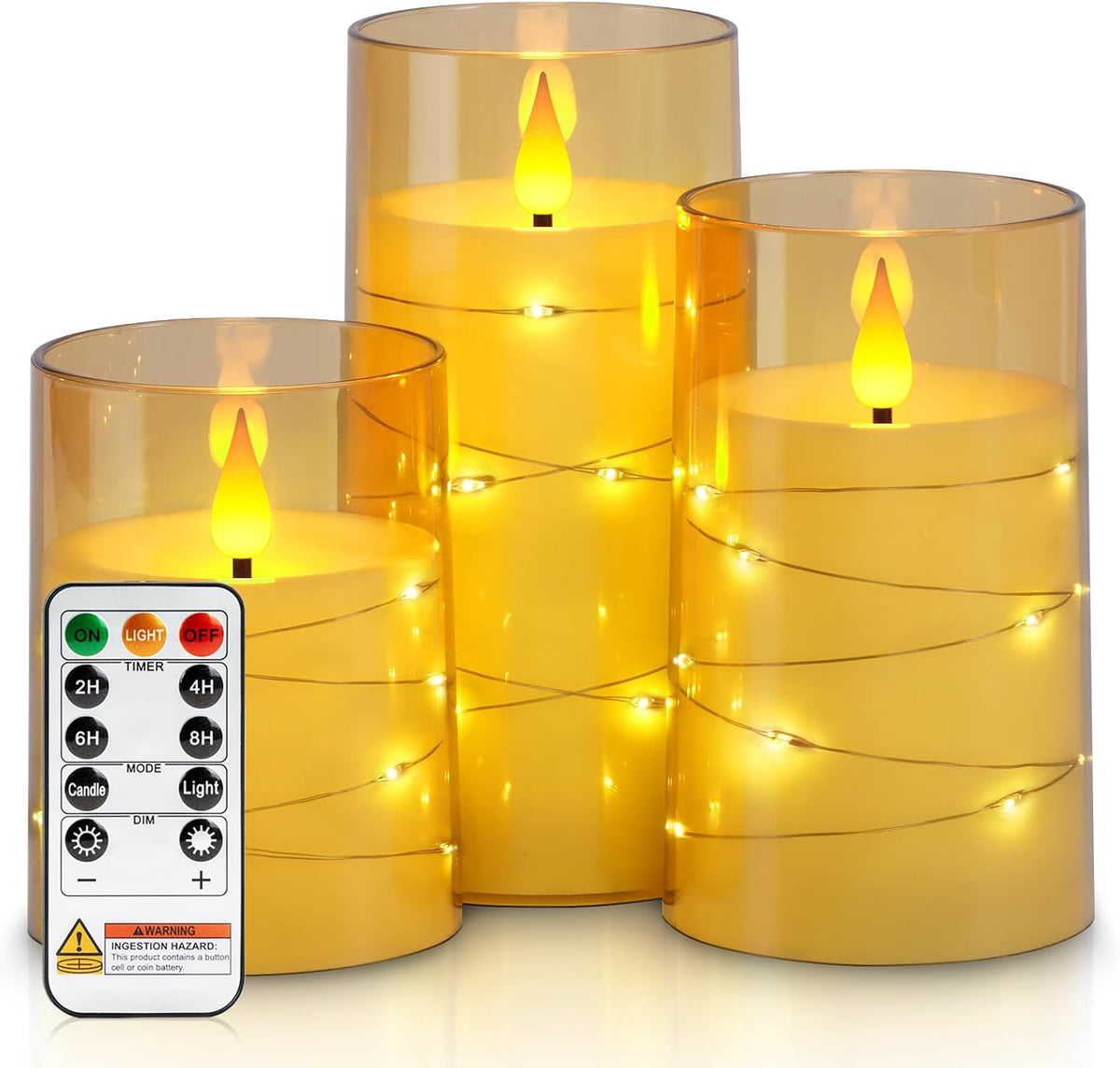 Homemory Flickering Flameless Candles, Gold LED Pillar Candles with Remote
