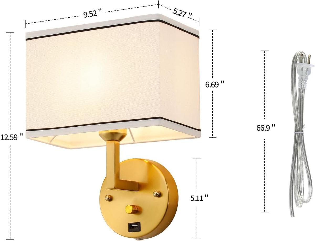 9.5" Wall Sconce with Plug-in Cord, USB Charging Port & Dimmer Switch, White Fabric Rectangular Shade Wall Mounted Lamp