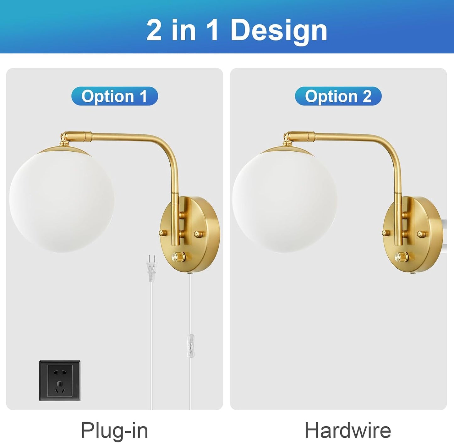 VATONI Wall Sconces Plug in, Dimmable Swing Arm Wall Lights with Plug in Cord and Dimmer On/Off Knob Switch, Dimmable