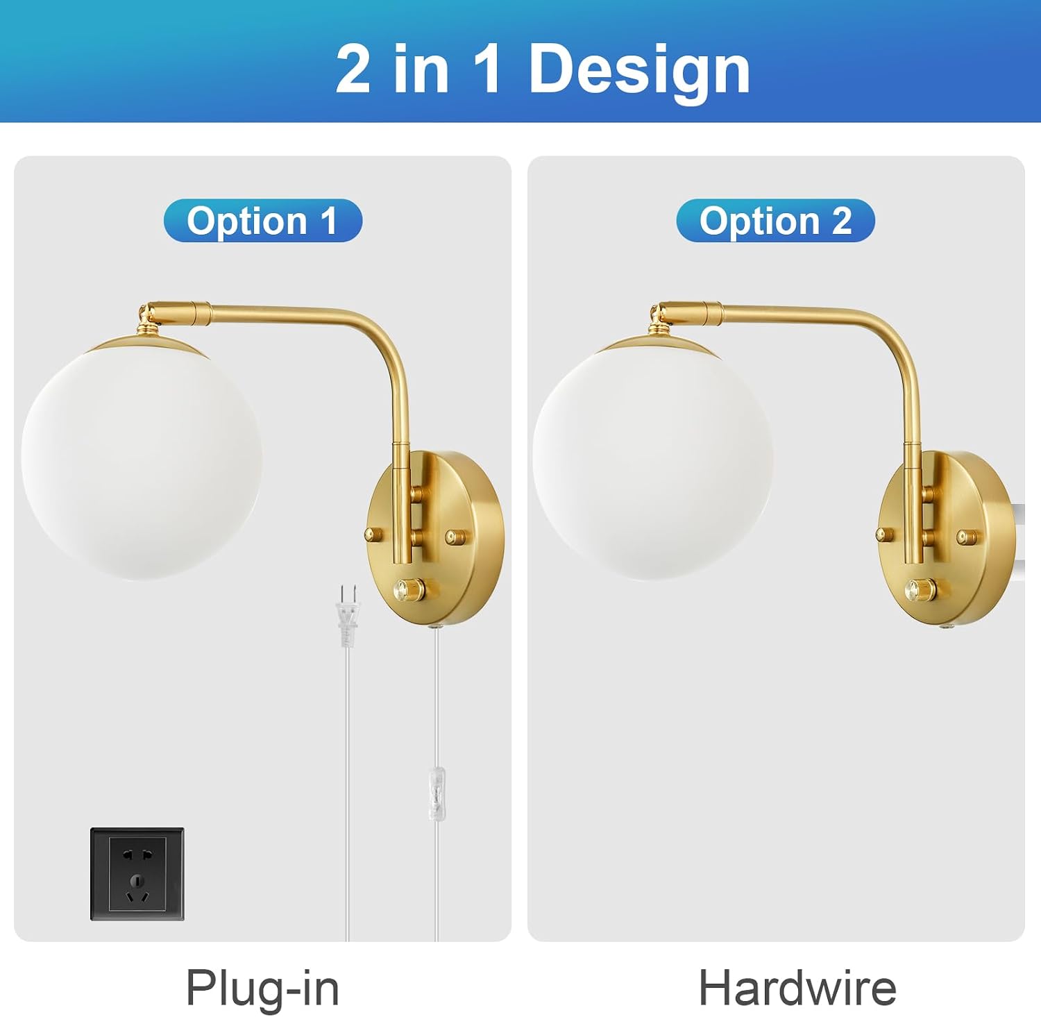 VATONI Wall Sconces Plug in, Dimmable Swing Arm Wall Lights with Plug in Cord and Dimmer On/Off Knob Switch, Dimmable