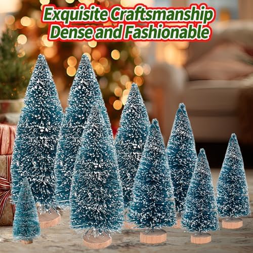 Yahpetes Christmas Trees 10 Pcs Bottle Brush Christmas Trees 5 Size Artificial Christmas Sisal Snow Frost Trees Pine Trees with Wood Base for Tabletop Christmas Party Home Indoor Decor (Blue Green)