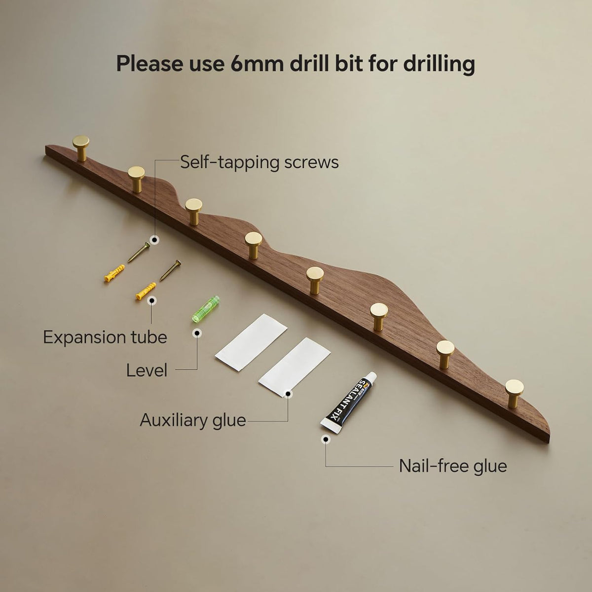 Wall Coat Rack, Walnut Wood, 8 Hooks | Elegant, Solid Coat Hanger Wall Mount, Brass Hooks, Moisture-Resistant Wax Oil