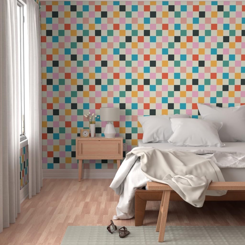 Retro Checkerboard Orange Modern Multicolor Checker Custom Removable / 24 x 144 / Roll / Pink