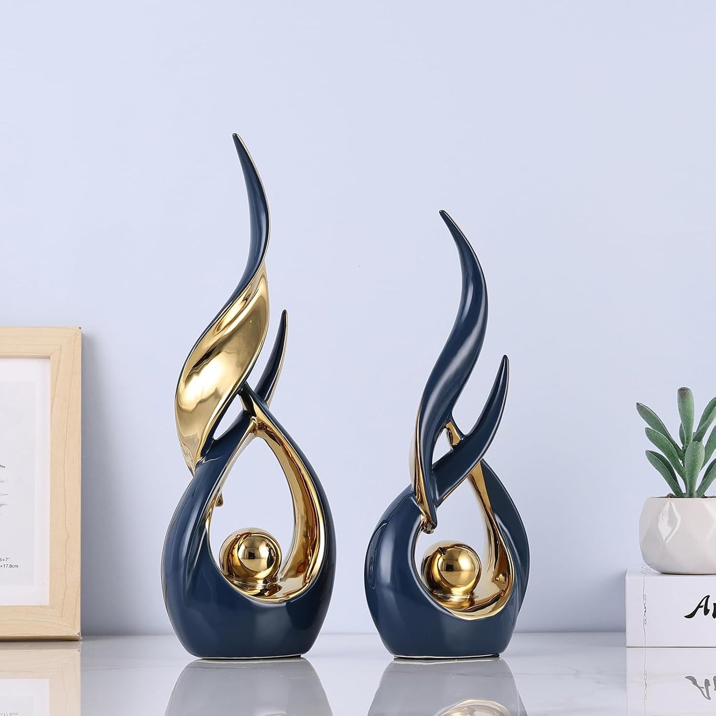 Ceramic Statues / Modern Abstract Art Sculptures / Blue Gold / Set of 2
