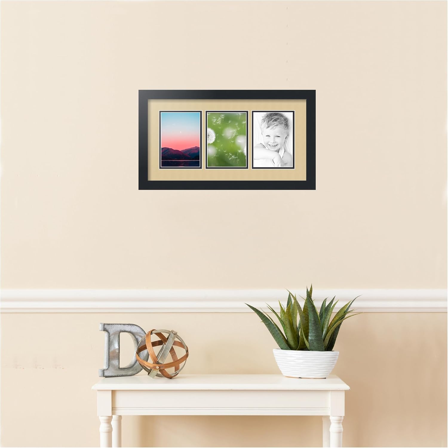 ArtToFrames Collage Picture Frame 3 Opening 3-5x7 Photo Frame | Made in USA | Black Frame Green Whisper and Black Mats
