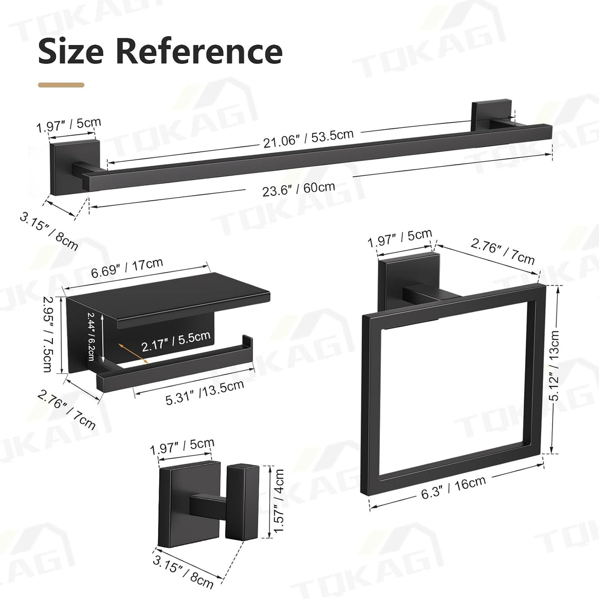 TQKAG 5-Pieces Matte Black Bathroom Hardware Accessories Set 23.6" SUS304 Stainless Steel Towel Bar Set Wall Mounted