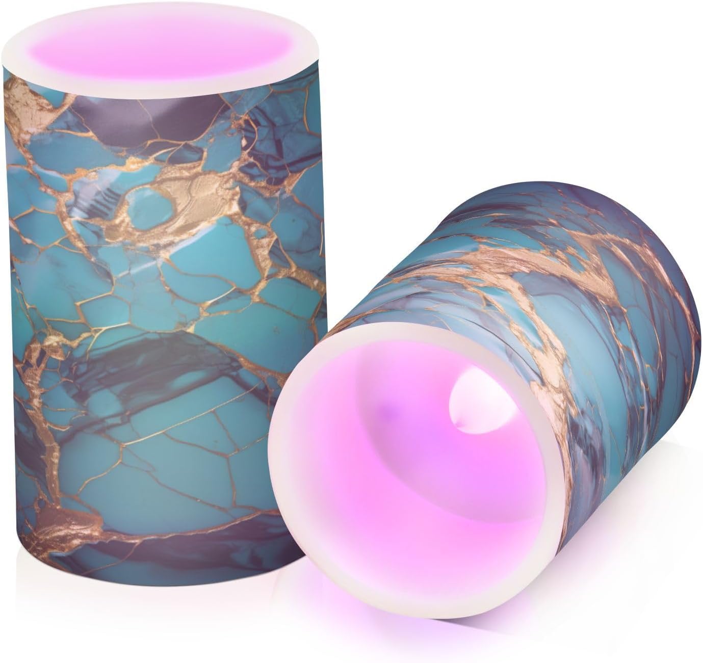 Flickering Flameless Candles, Turquoise Golden Marble LED Candles with Remote Timer, Set of 2 Battery Operated Candle