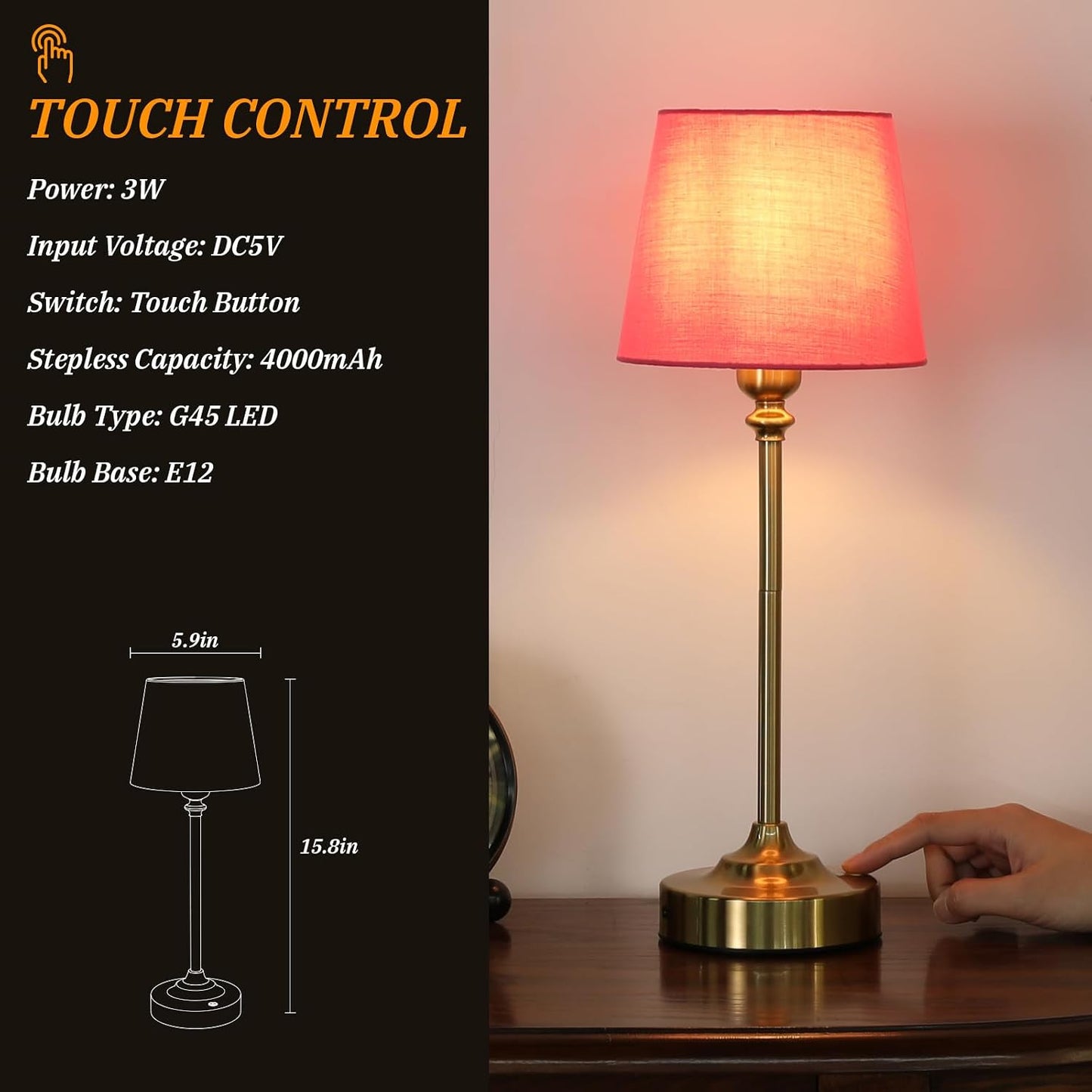 Cordless Table Lamps Rechargeable Set - 2 Pack Brass 4000mAH Battery Operated Lamps for Decor, 3000K Stepless Dimming