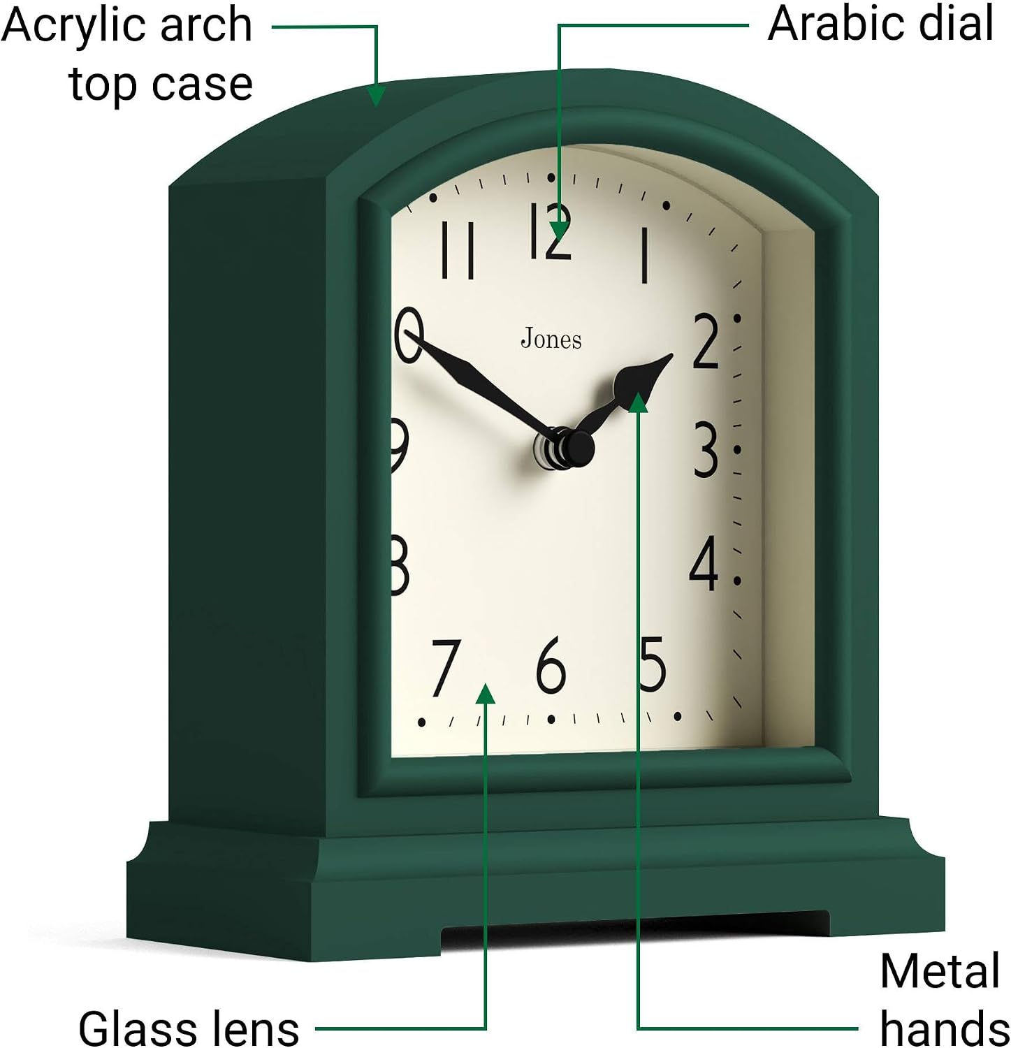 JONES CLOCKS® Tavern Mantel Clock | Modern Arch top Design | Dark Green | Contemporary Classic Style for Desk, Table