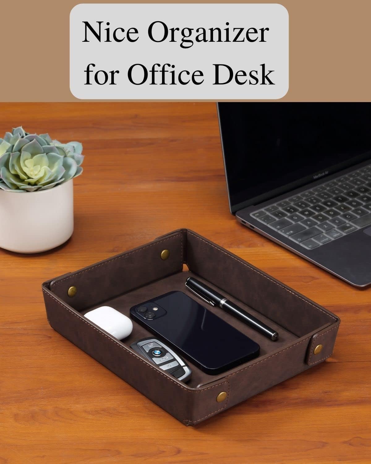 Faux Leather Valet Tray Organizer for Men / Coffee Brown / Rectangle