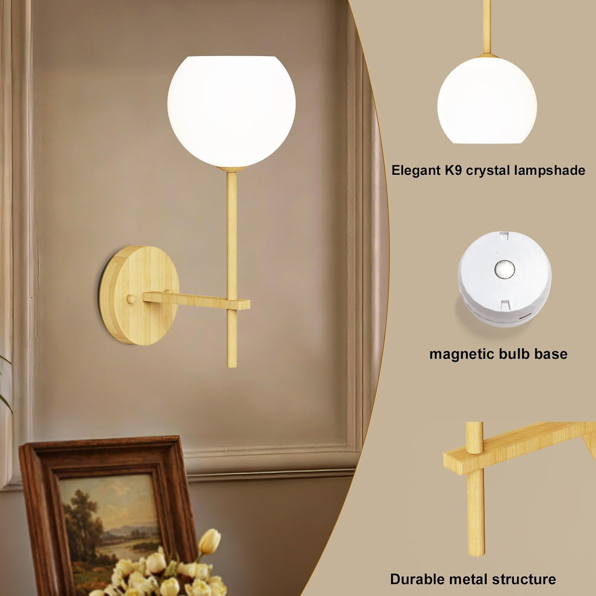 Wood Grain Battery Operated Wall Sconces Set of 2, Rechargeable Wireless Wall Lights with Milky White Frosted Glass, 12