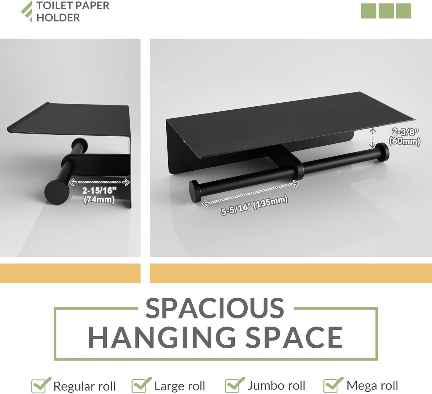 APLusee Matte Black Double Tissue Holder with Storage Shelf, Wall Mounted | 304 Stainless Steel Toilet Paper Holder
