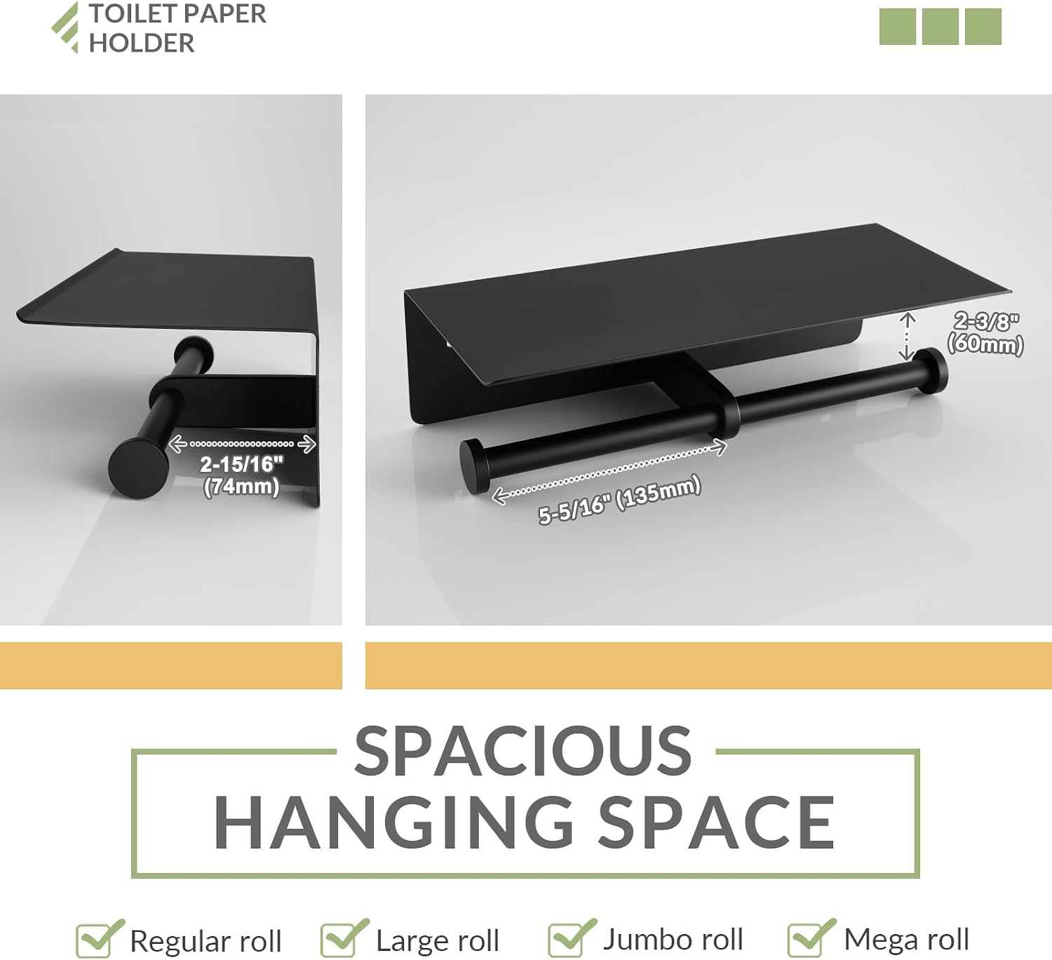 APLusee Matte Black Double Tissue Holder with Storage Shelf, Wall Mounted | 304 Stainless Steel Toilet Paper Holder