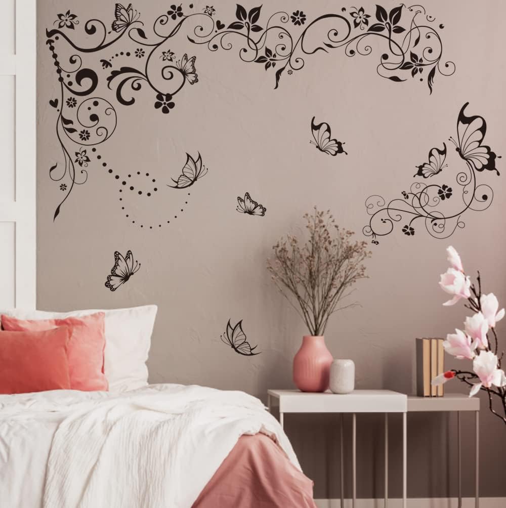 Hanging Flower Vine Wall Stickers Black Floral Butterfly Wall Decals / Black Vines Butterfly