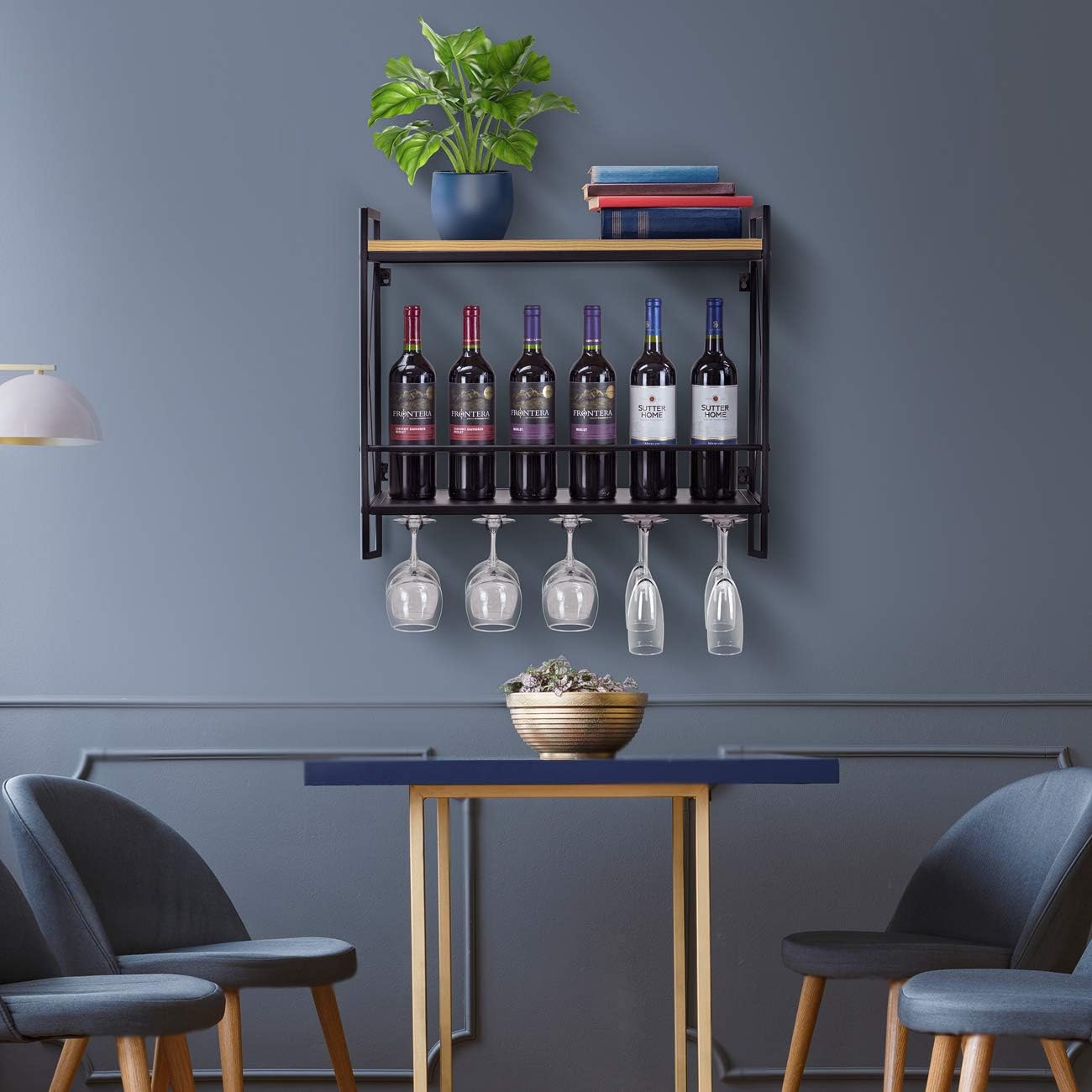 Sorbus Wine Bottle Stemware Glass Rack, Industrial 2-Tier Wood Shelf, Wall Mounted Wine Racks with 5 Stem Glass Holders