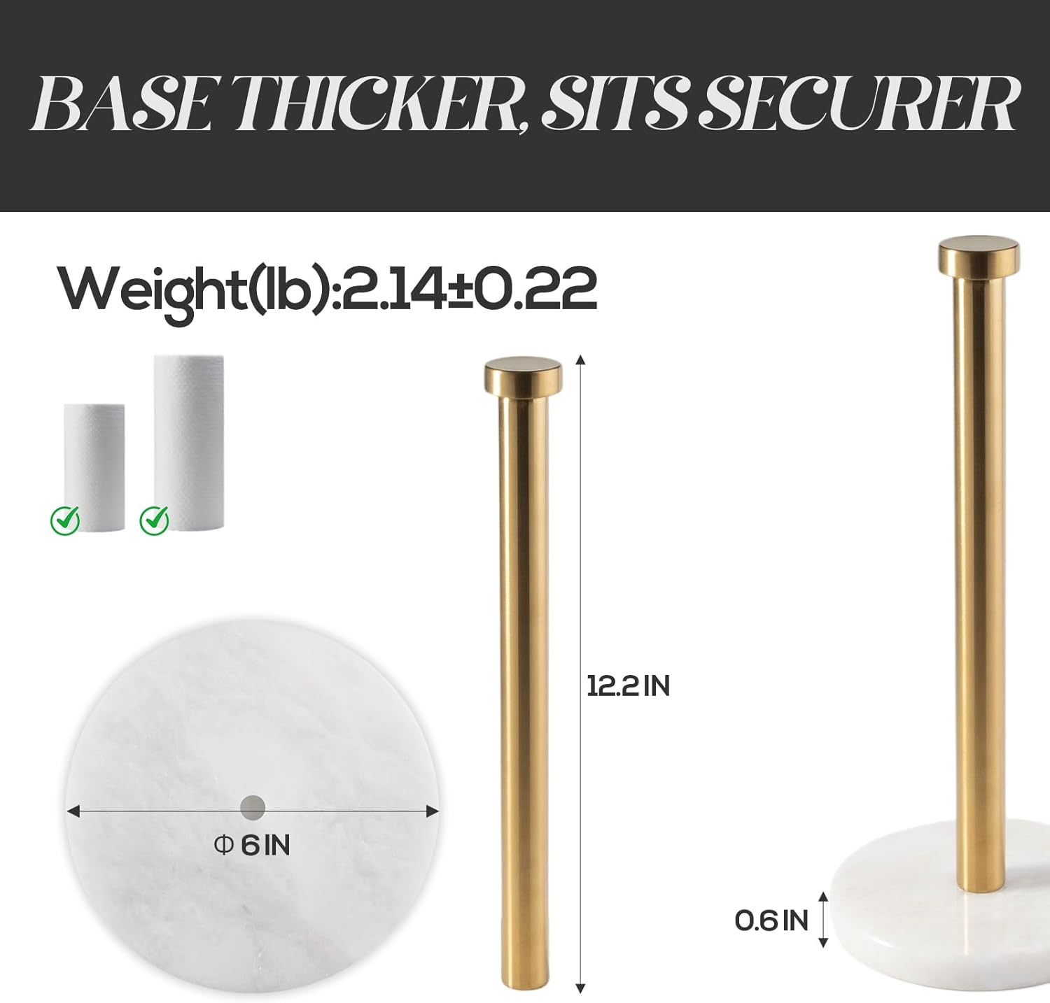 African Genuine Marble Paper Towel Holder Countertop, 6" Stone Base Gold Rod Paper Towel Holder Stand for Kitchen