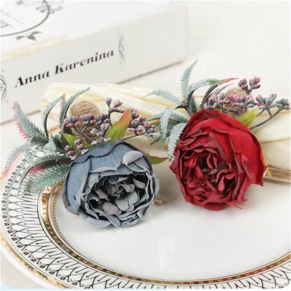 Floral Napkin Rings Set of 6,Rustic Rose Napkin Rings Flower Dinner Napkin Holder for Table Decoration(26#RED)