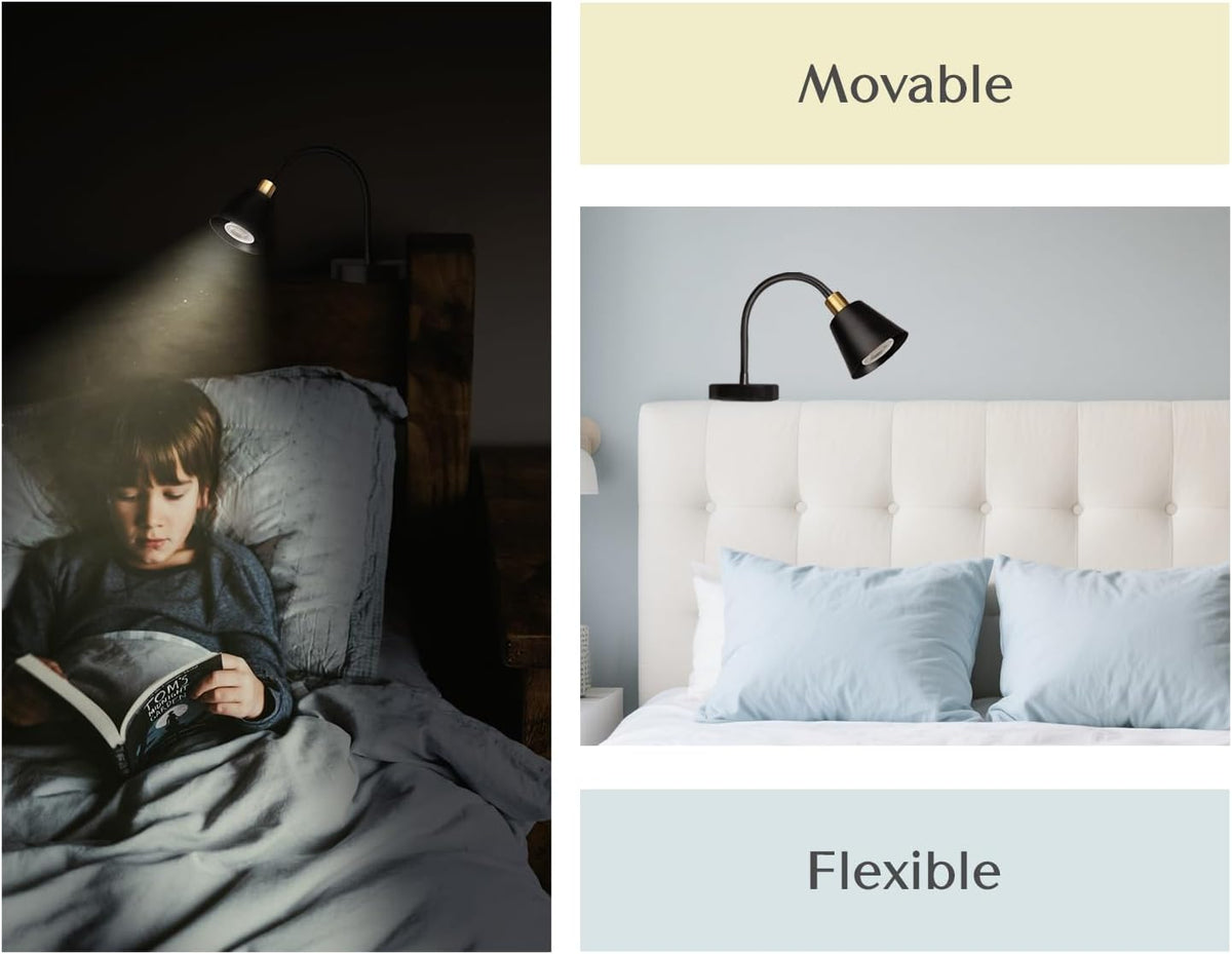 Patented Innovative Design Headboard Reading Light. No Drilling Golden Book Light for Bedtime Reading. Dimmable LED