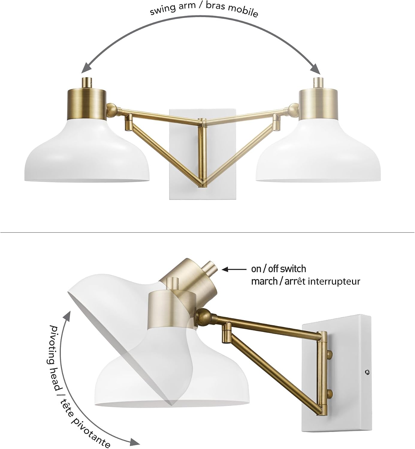 Globe Electric 51344 1-Light Plug-in or Hardwire Swing Arm Wall Sconce, White, Brass Accents, White-Cloth Cord, Mounted