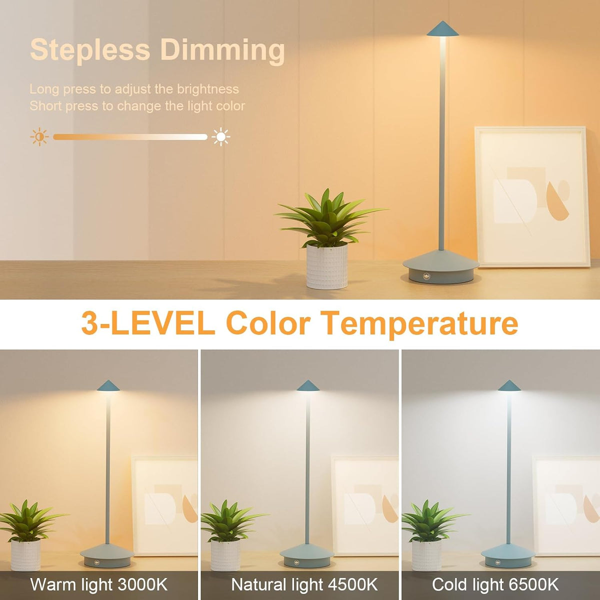 Cordless LED Table Lamps,Portable Battery Desk Lamp,2 Pack,Blue | 6000mAh Rechargeable,3000K/4500K/6000K Touch Stepless