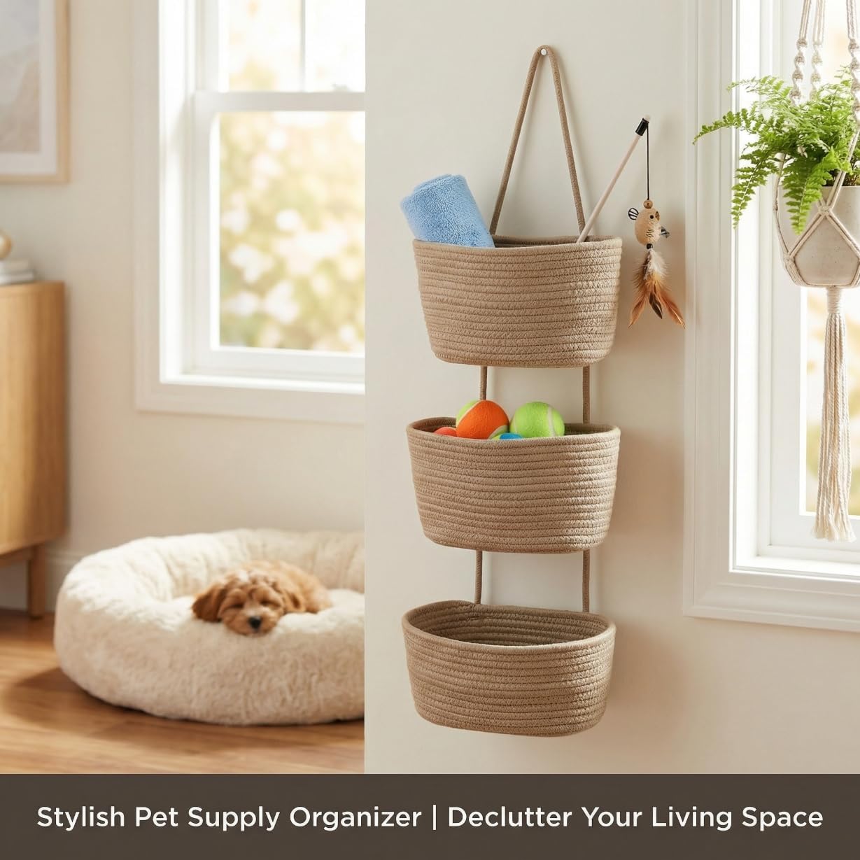 Hooks / Hanging Wall Basket / Jute