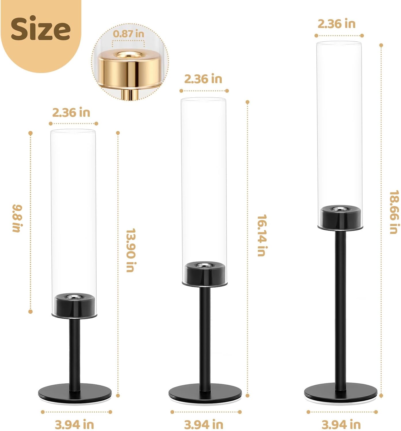Black Hurricane Glass Candle Holders Set of 3 Tall Taper Candlestick Holder | Metal Candle Stick Holders, for Dining