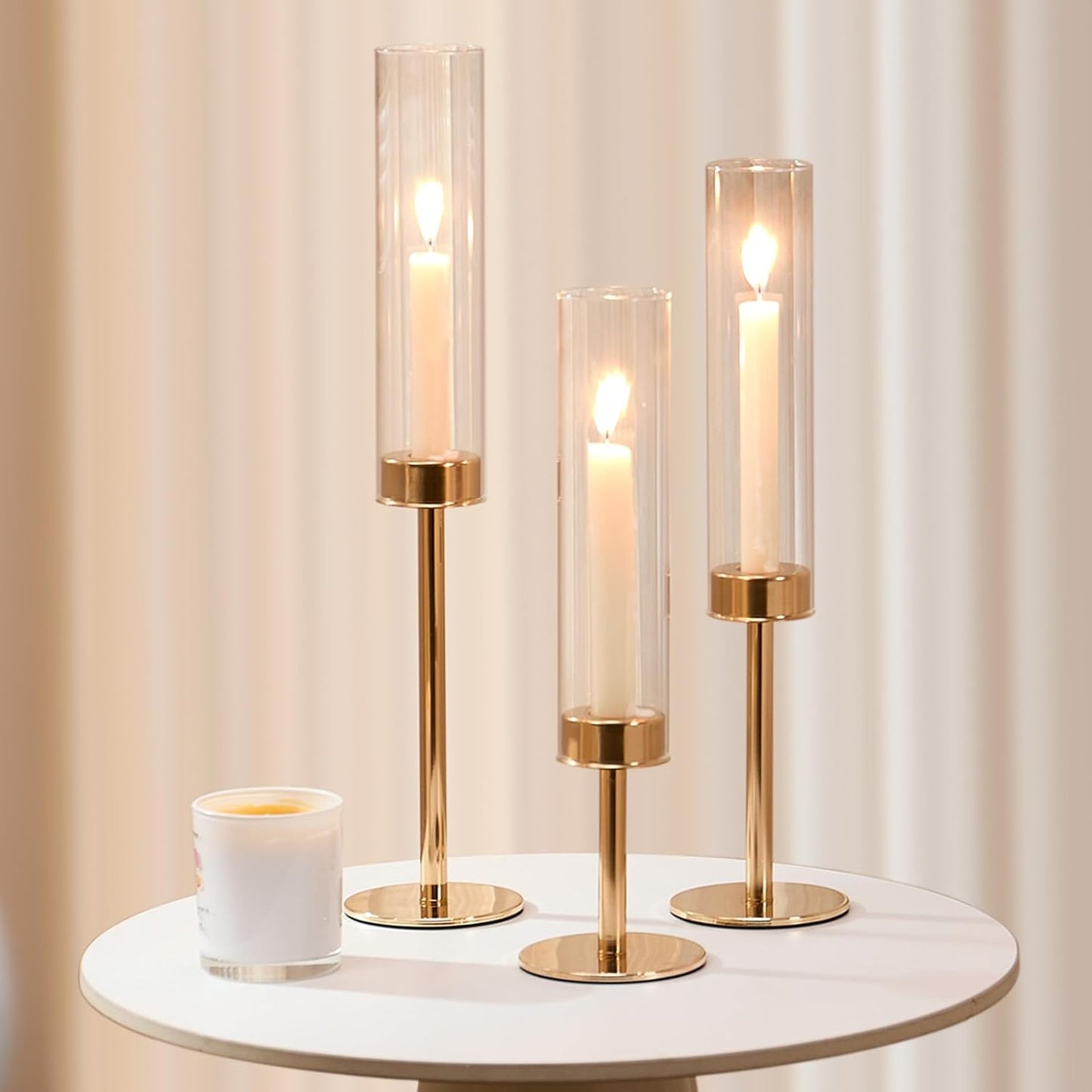 Gold Hurricane Glass Candle Holders Set of 6 Brass Taper Candlestick Holder | Windproof Flameless Candle Holder, Tall