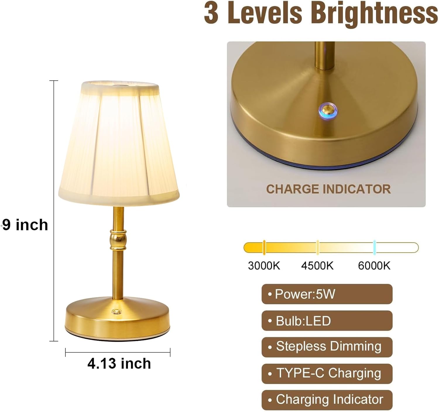 Cordless Mini Lamps Gold,3000 mah Battery Operated Lamp,3 Color Temperature Dimmable Table Lamp,Small Rechargeable