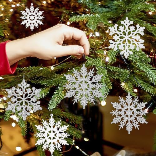 White and Silver Christmas Snowflake Ornaments- 36Pcs Plastic Glitter Hanging Snow Flakes for Christmas Tree Decorations Winter Wonderland Frozen Birthday Party Holiday Home Decor Craft Snowflakes