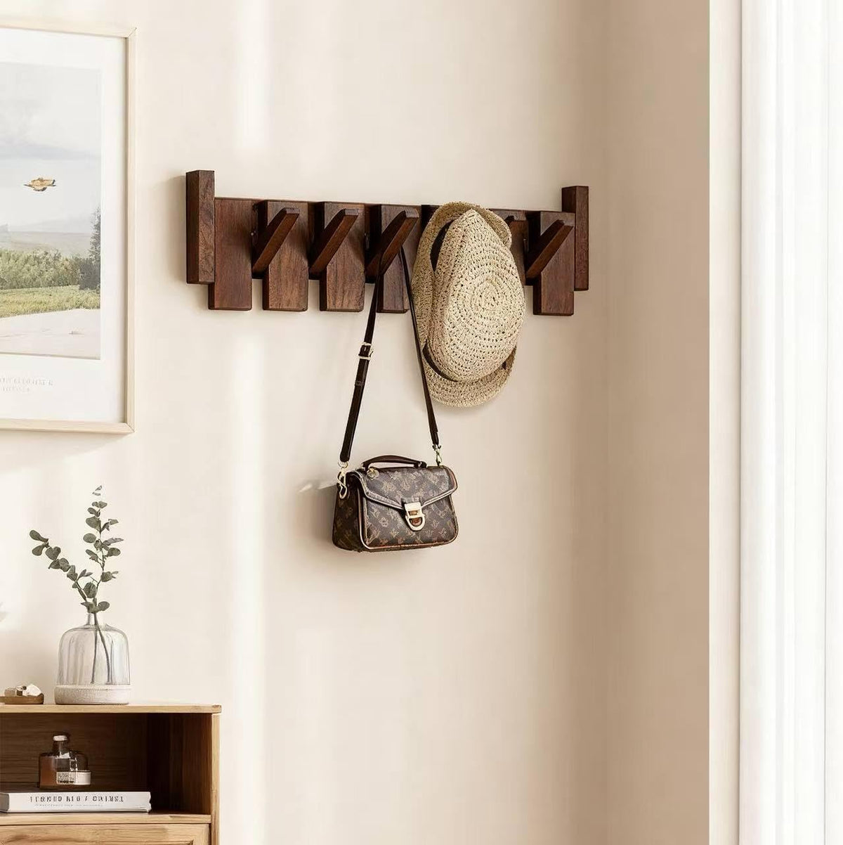 Black Walnut Piano Coat Rack, Coat Hooks for Wall with 6 Magnetic Retractable Hooks, Heavy Duty Space Saving Wall