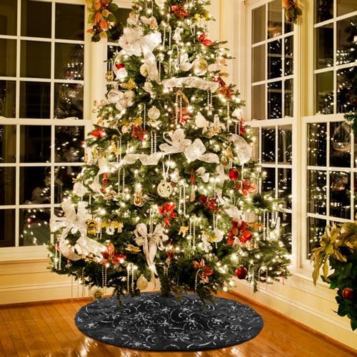 Christmas Tree Skirt Black 36 inch Silver Christmas Tree Skirt Snowflakes Faux Fur for Xmas Holiday Home Party Decorations