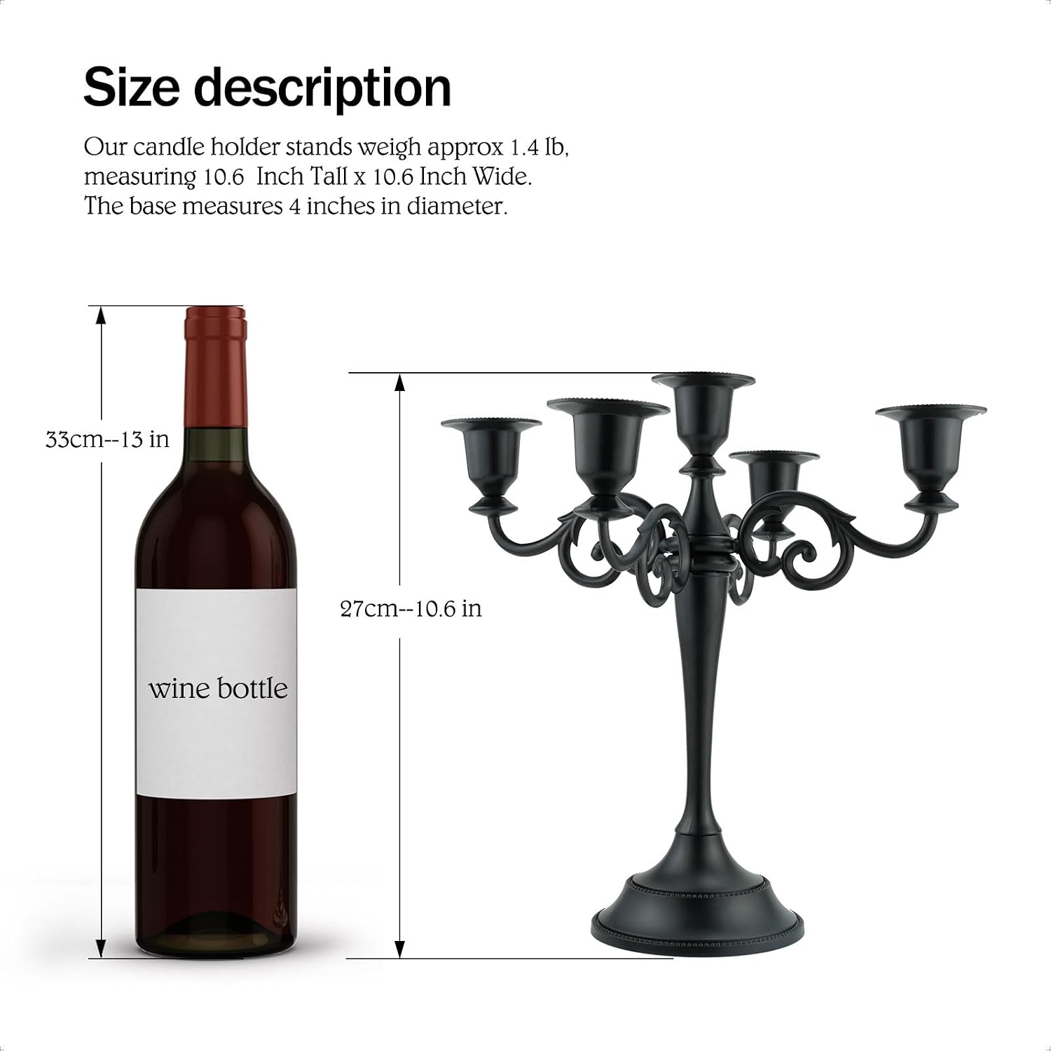 5-Arm Metal Candelabra Candle Holder Table Centerpiece, Black | Classic 5-Arm Metal Candelabra, Glossy Black Finish.