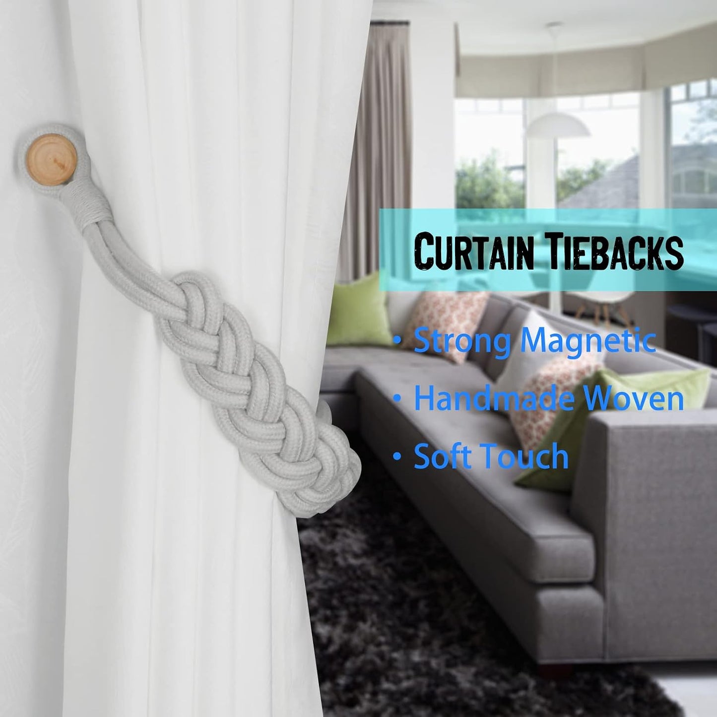 BEL AVENIR Curtain Tiebacks Magnetic 4 Pack Woven Drapery Holdback | Handmade Curtain Ties, No Drill, for Outdoor