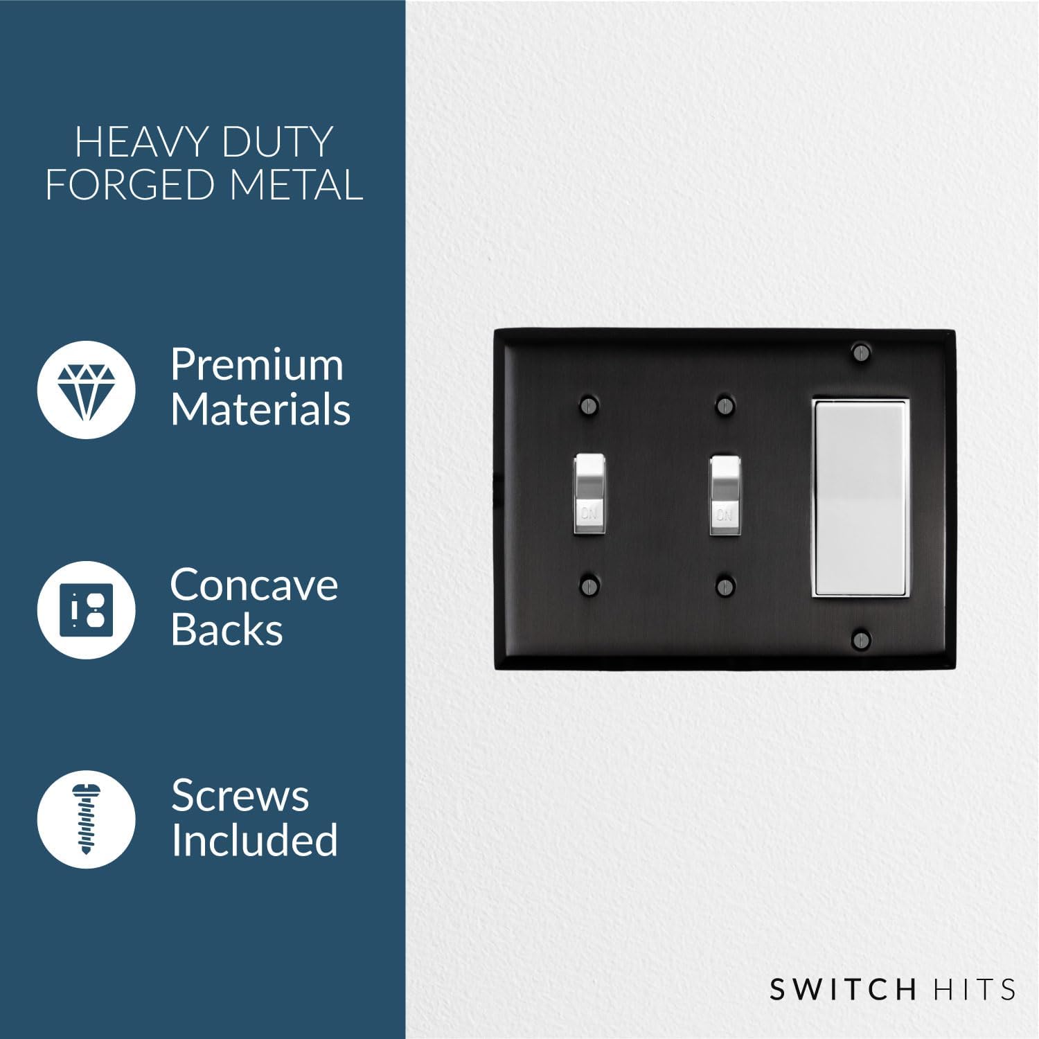 Satin Nickel Black Outlet Wall Plate | 2 Toggle - 1 GFI Rocker | 6.25" x 4.5" | Hand-Polished Brass Construction