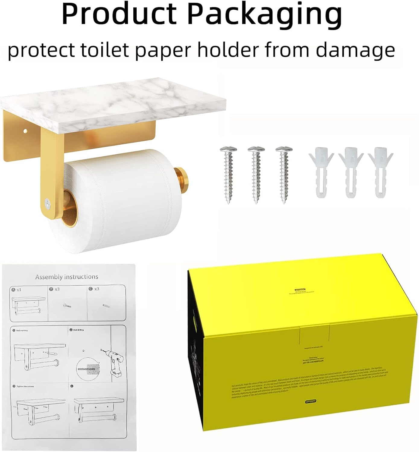 Gypie Toilet Paper Holder with Marble Shelf, Wall Mounted Gold | Stainless Steel Screw, Tissue Roll Paper Holder
