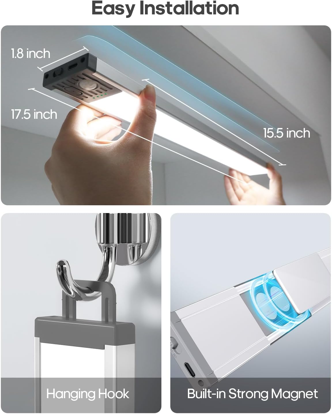 17.5inch Under Cabinet Lighting, 4500Mah Motion Sensor Light Indoor, 6 Pack | Rechargeable Battery Operated Under