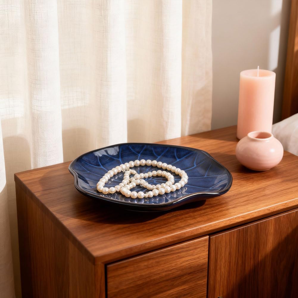 Lotus Leaf-Shape Ceramic Decorative Tray / Blue