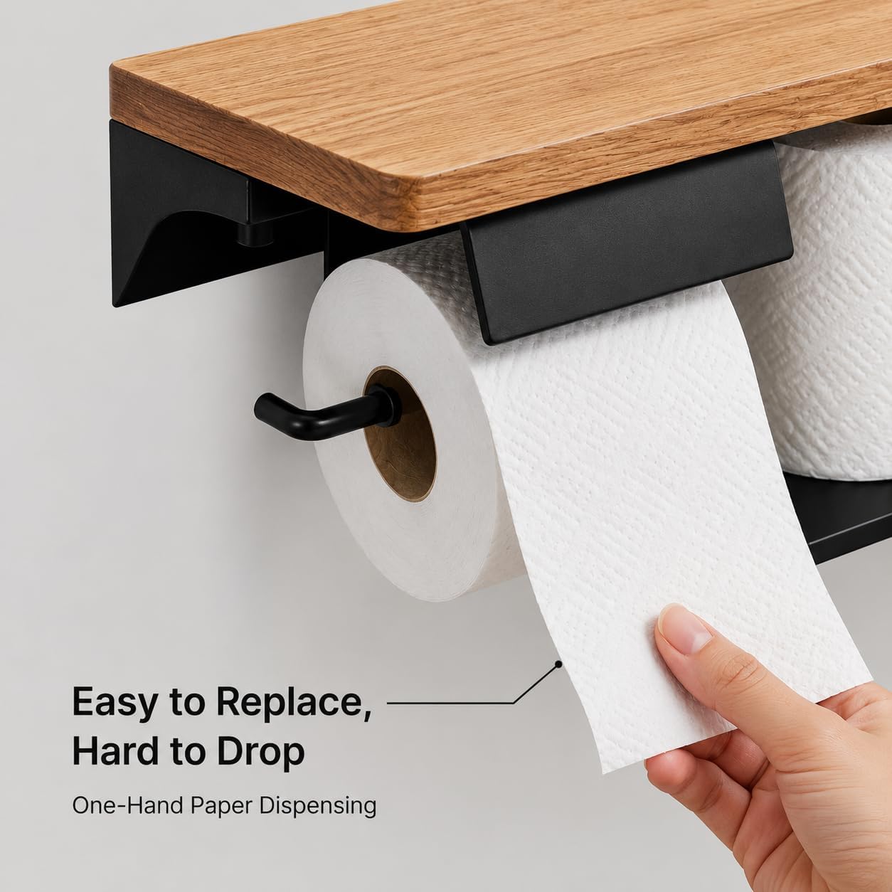 Double Toilet Paper Holder with Solid Wood Shelf, Wall Mounted Matte Black | 16" x 5.31" Toilet Paper Rolls with