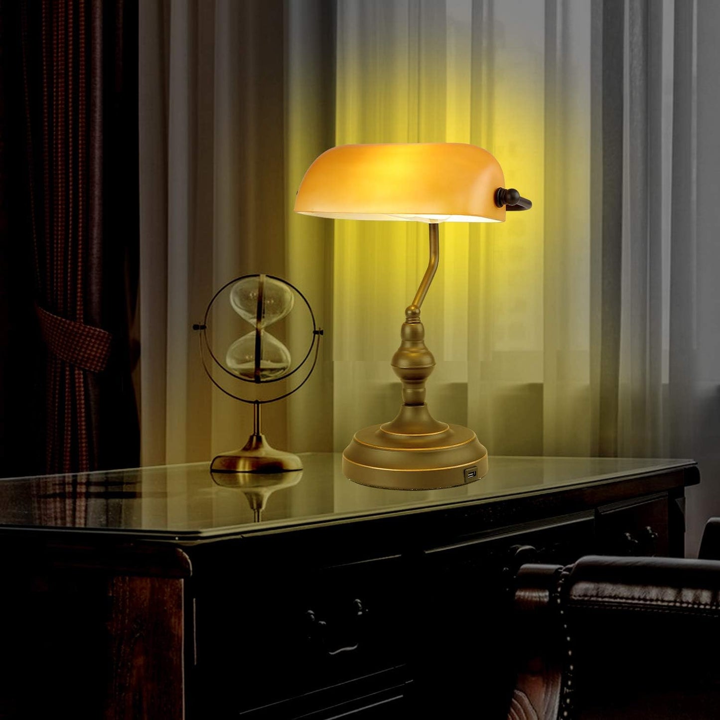 Banker Desk Lamp Touch Control, Oil Rubbed Bronze | 3 Way Dimmable Banker's Desk Lamp, USB-A Port, Amber Glass Shade