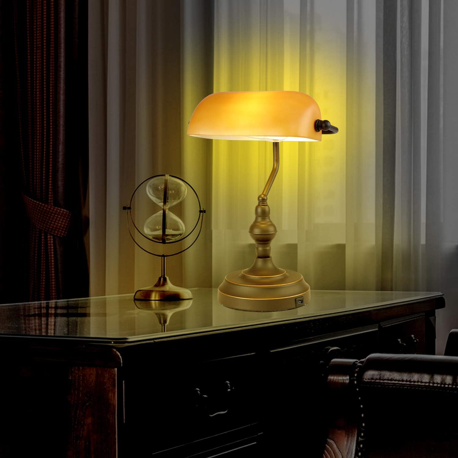 Banker Desk Lamp Touch Control, Oil Rubbed Bronze | 3 Way Dimmable Banker's Desk Lamp, USB-A Port, Amber Glass Shade