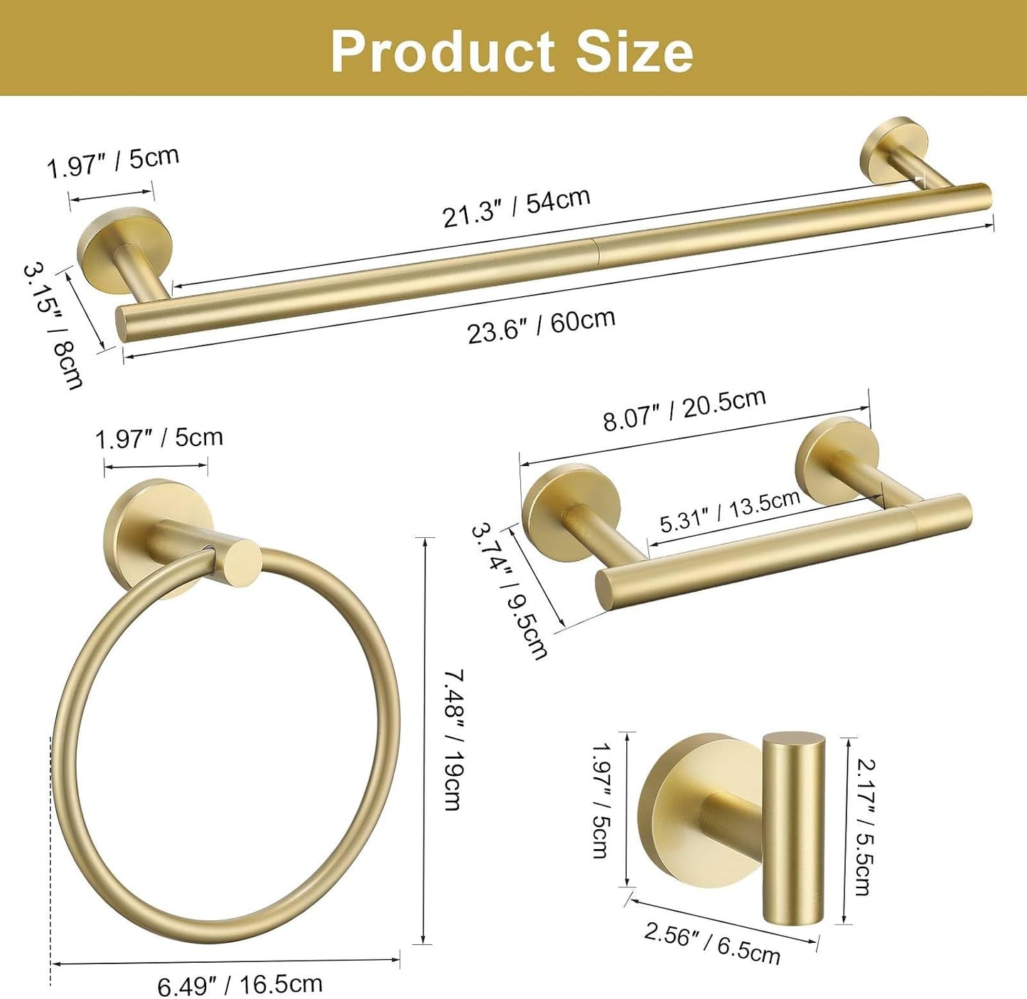 5 Pieces Brushed Gold Towel Bar Set, Upgraded Round Bathroom Hardware Accessories Set, Toilet Paper Holder Towel Holder