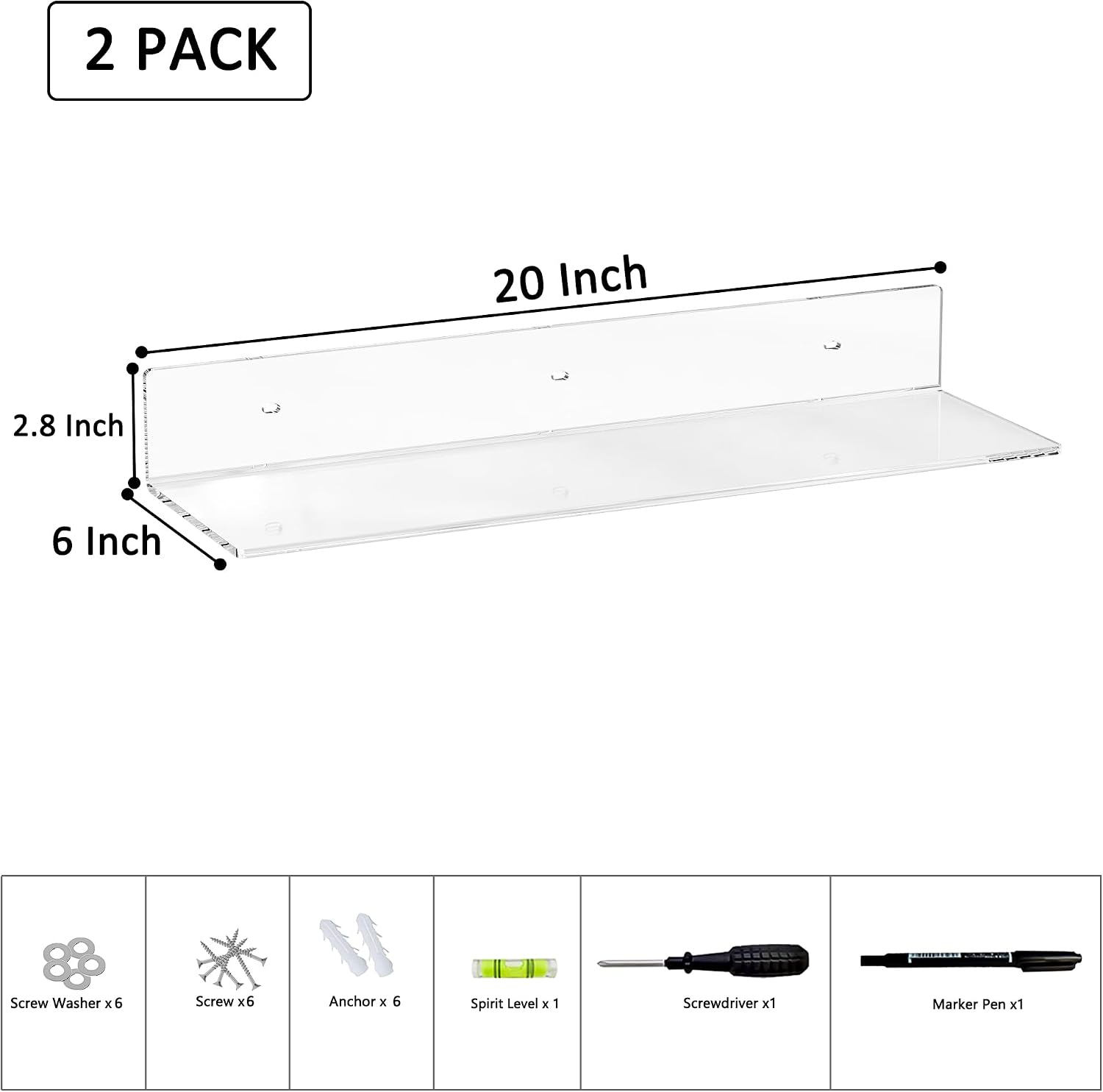 Sezanrpt 20 Inch Clear Wall Shelves for Wall, Wall Mounted Acrylic Floating Shelf for Plants, Speaker, Radio, Funko