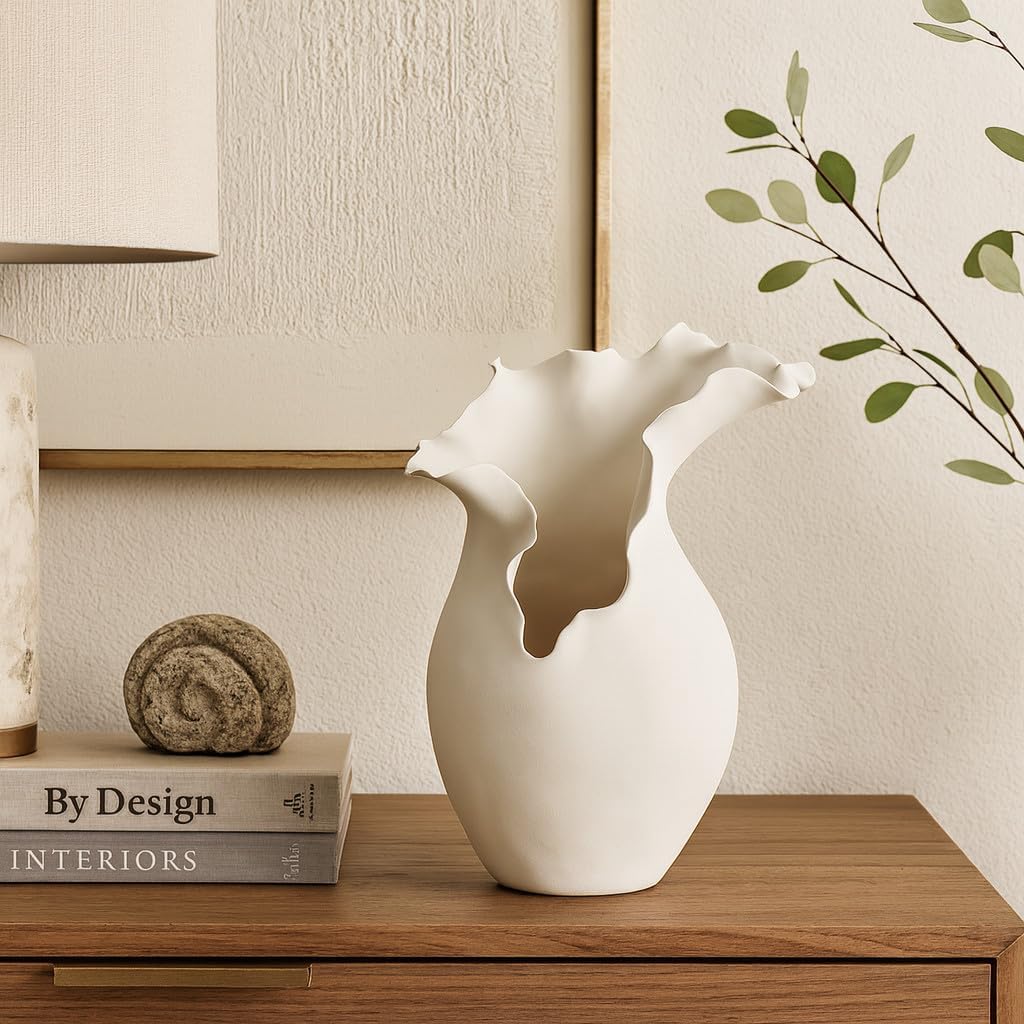 Ceramic Abstract Decorative Vase Floral Inspired Centerpiece Vase / White / 9 x 9 x 15