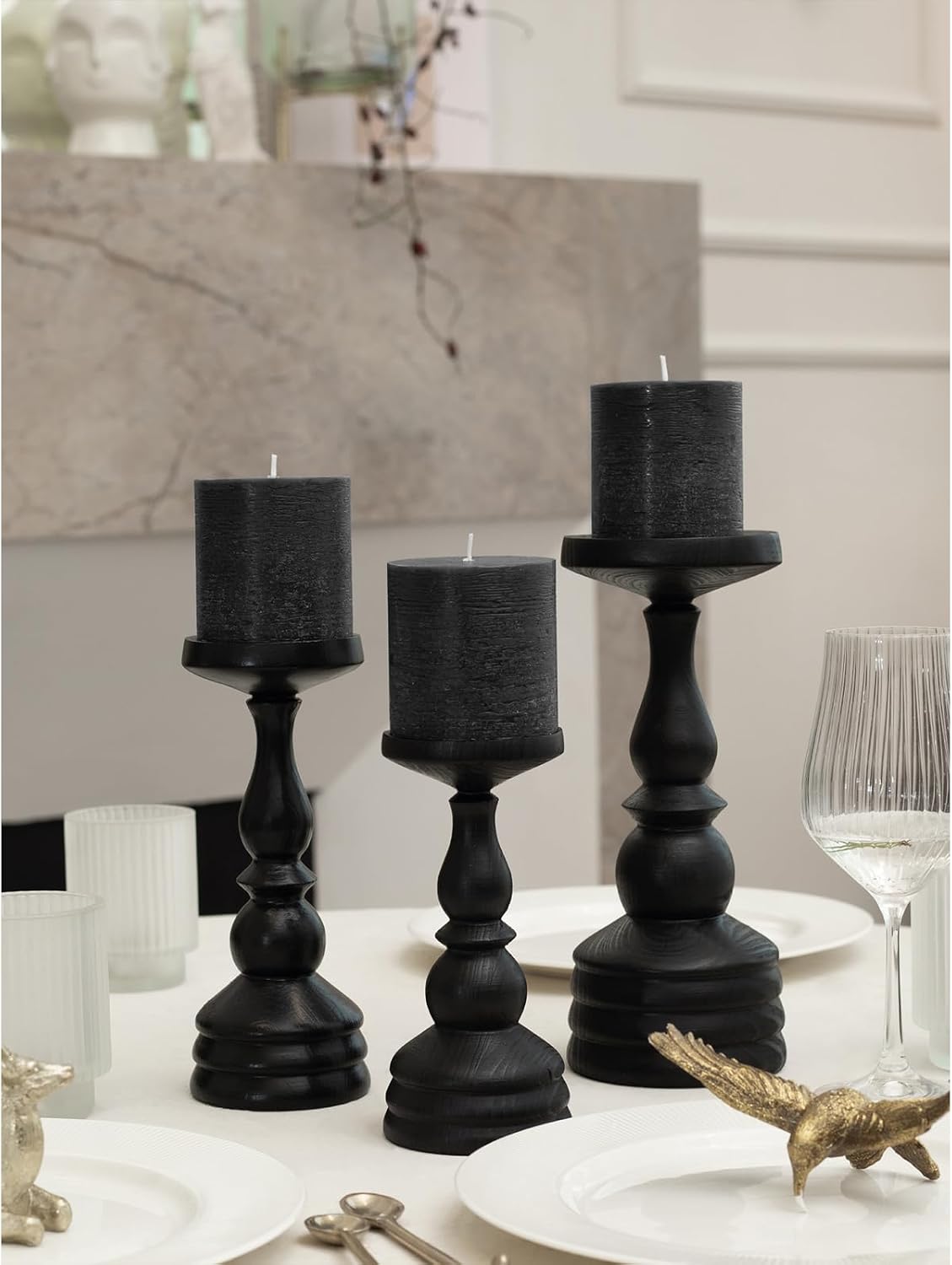 3x3 Pillar Candles Set of 3 - Rustic Unscented No Drip Black Candles for Halloween Decor, Parties, Gothic Décor