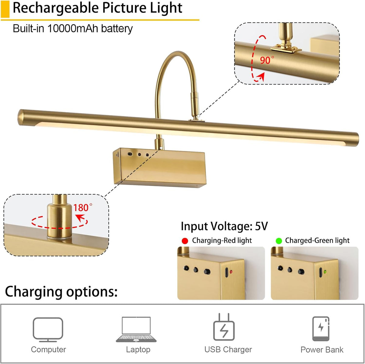 Battery Operated Picture Light with Remote, 24 inch Wireless Rechargeable Art Light with Timer, Dimmable 3CCT Gallery